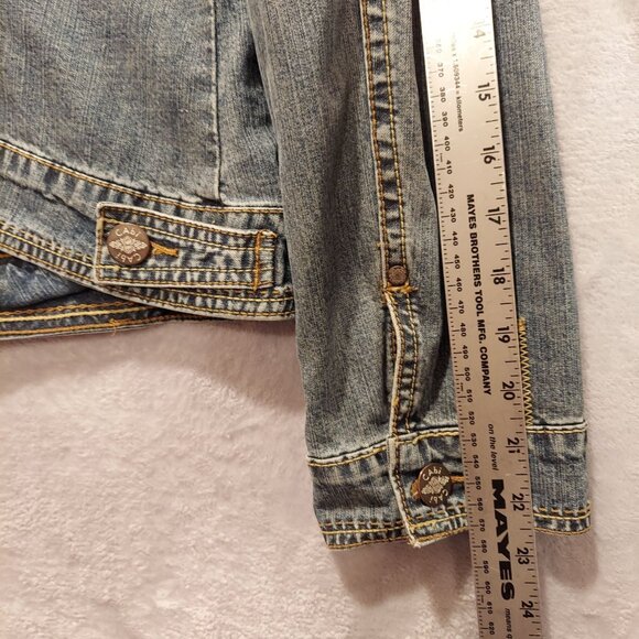Cabi Jean jacket womens M Blue Denim Logo cropped Long sleeves waist tabs beachy - Picture 5 of 13